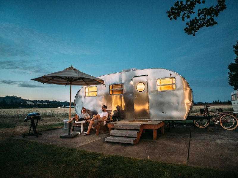 Camper van parked in open desert